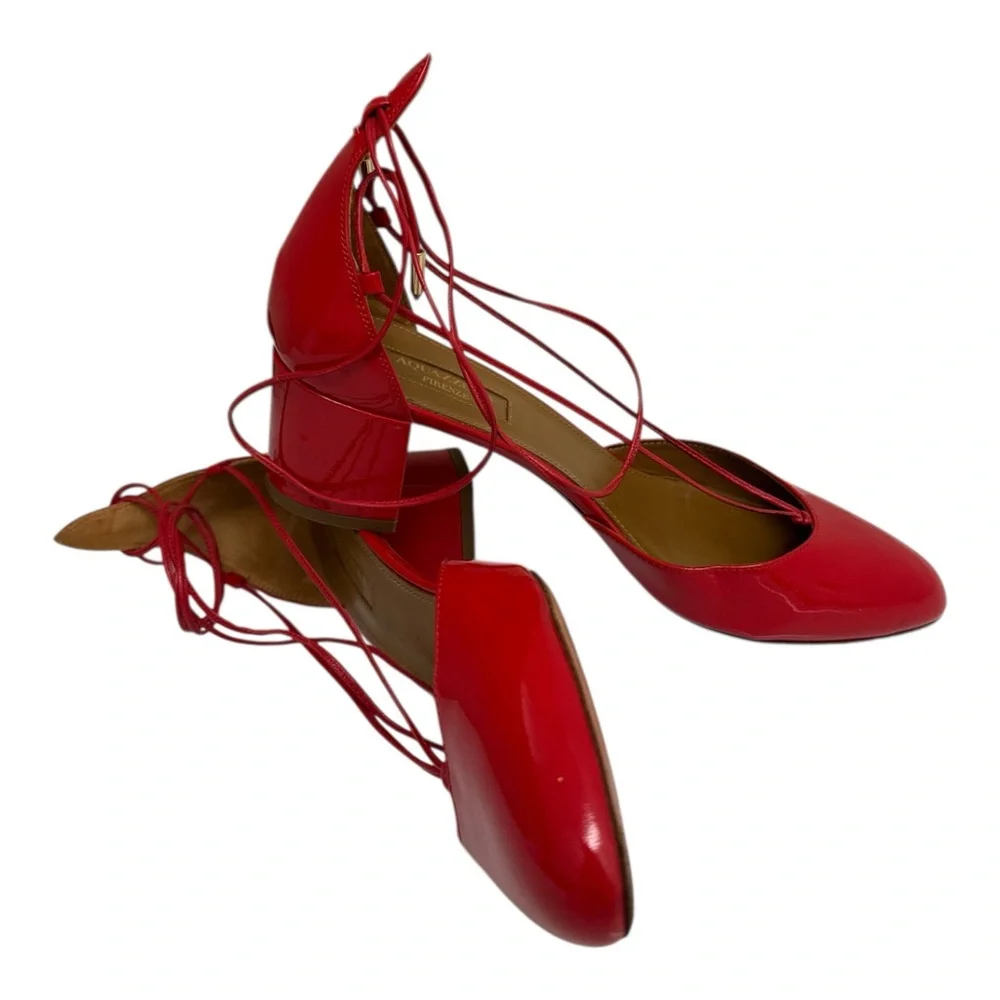 Aquazzura Alexa‎ Red Patent Leather Ankle Tie Pumps 37.5 Women’s Heels